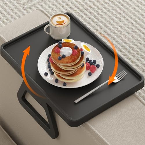 Lifewit Plastic Rotating Couch Armrest Table, Adjustable Sofa Arm Clip Holder Tray for Snack/Fast Food/Fruit/Drink, Large Foldable Stable Sofa Table with Reinforced Clamp, Black | Large Armchair Tray for Couch, Clip on TV Tray for Eating, Snack, Drink, Foldable Food Holder Tray with Stable Clamp, Black