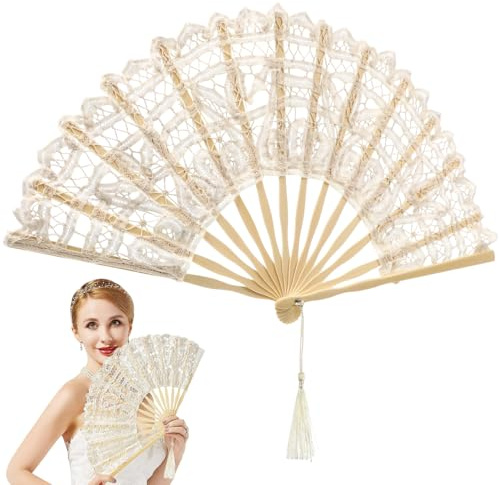 Sosoport Cotton Lace Folding Handheld Fan Embroidered Bridal Hand Fan with Bamboo Staves for Wedding Decoration Dancing Party Birthday Anniversary