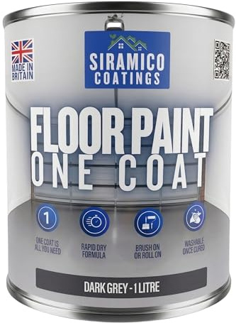 SIRAMICO COATINGS One Coat Anti-Slip Floor Paint | 1 Litres | 5 Modern Colours I Waterbased, Quick Drying Formula | White, Black, Greys (Dark Grey, 1 Liter)