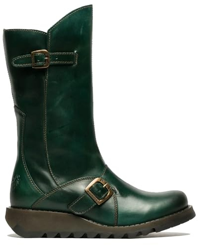 Infinity Leather Stivali da donna FLY MES 2 in Pelle con Zeppa, Fibbia, Cerniera e Plateau a Metà Polpaccio, Verde