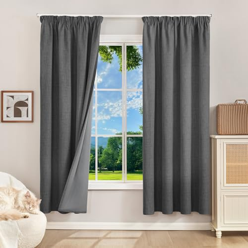 Runyéla 100% Verdunklungsvorhänge Thermovorhänge Kälteschutz Gardinen mit Kräuselband 180 x 120 cm (HxB) 2er Set Leinenoptik Vorhänge Blickdicht Grau, Schiebegardinen Wohnzimmer Curtain
