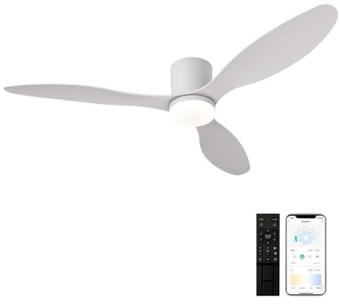 Topteng 42 inch Smart Ceiling Fan, 6-Speed Quiet DC Motor, 3000K-6000K Dimmable Light, Reversible for Bedroom, Low Profile Flush Mount, White