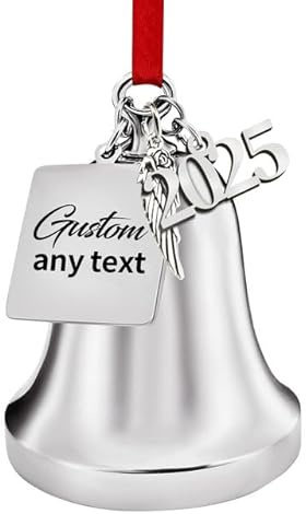 Grelot Noel 2025 Personnalisées avec Ailes d'ange - Objets de Décoration de Noël - Ornements Cloche Noel, Dorés/Argentés, Cadeau de Naissance & Anniversaire