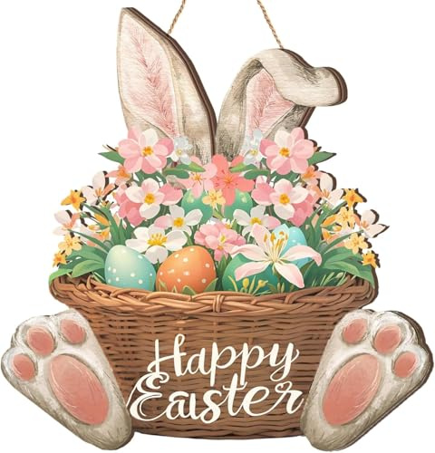 Corona de Pascua de Madera Pascua Decoracion Colgantes con Letras Decoración de Pascua para Puerta, Ventana, Pared Exterior (B)