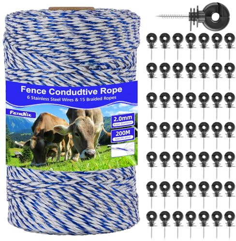 FarmNix Cuerda para Cerca Eléctrica, Hilo Polifilamento Eléctrico, 6 Hilos de Acero Inoxidable + 15 Trenzas de PE, Cuerda Conductora Azul y Blanca (200m) + 50 Aisladores + 1 Guía de Atornillado