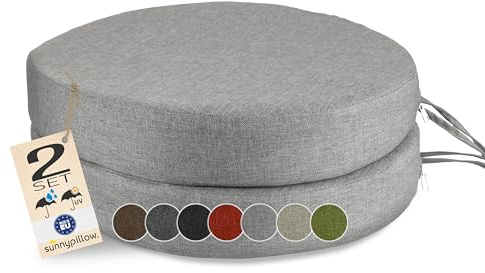 sunnypillow 2er Set Stuhlkissen Rund Ø 40 cm, wasserdicht UV-lichtecht, 7cm dick - Outdoor Polsterauflage mit Bändern - Auflage für Stühle,Bänke - Sitzkissen Stuhlauflage für Haus und Garten - Grau