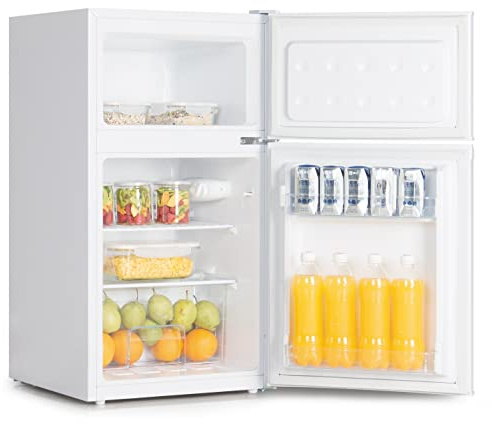 ASCOLI Undercounter Fridge Freezer, 84L Total Capacity 59L/25L Small Double Door Fridge with 39dB Quiet, LED Light, Mechanical Control, Manual Defrost, Reversible Door