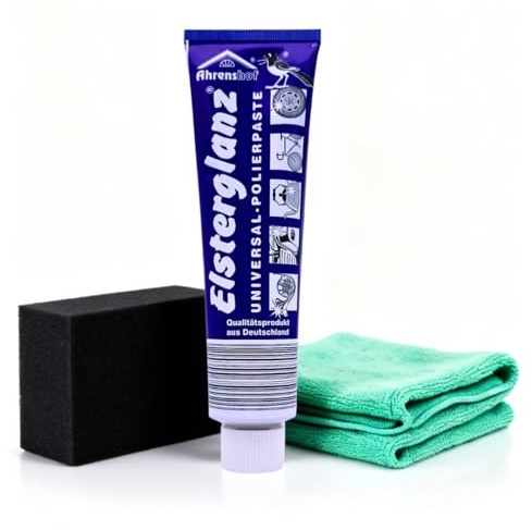 WEVOH Elsterglanz Universal Polierpaste Set Chrompflege und Metallpolitur für Edelstahl Kupfer Messing Bronze Nickel mit Polierschwamm und Mikrofasertuch (150 ml)
