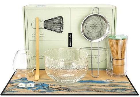 Youyijia Matcha-Set aus Glas, 7-teilig, mit Schale, Schneebesen, Sieb, Teelöffel, Tuch und Zange, Zeremonielle Geschenkidee