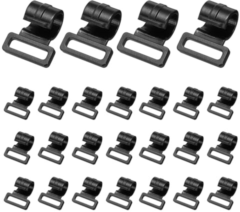 YELARXI Zeltstangen-Clips, Kunststoff, C-Form, ID, 12 mm, 25 Stück, schwarz, mit Gurtband, Schlitzbefestigungen, Zeltklemme, Zubehör für Camping/Markisen, Vordach, Sonnenschutz, Stützrahmen