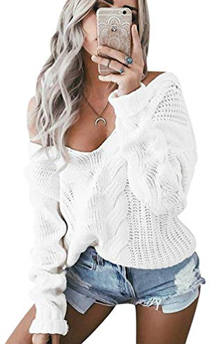 Pull Maille Femme Col V Chandail Femme Oversize Tricot Pull Epais Pour Femme Large Chaud Loose Pull Grosses Mailles Manche Longue Femme Ample Hiver Chandails Epaules Dénudées Manches Longues Blanc XL