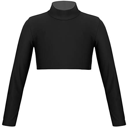 iEFiEL Mädchen Langarm Shirt Rollkragen Top Bauchfrei Oberteil Bluse Crop Top Für Ballett Kinder Yoga Sportshirts Workout Tanztop Schwarz 140