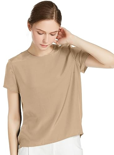 LilySilk Silk Blouses for Women Short Sleeve 100 Pure Mulberry 22 Momme Ladies Silk Tops Button Slit Back Closure (Tan, L/12)