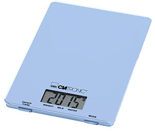 Clatronic KW 3626 - Bilancia da cucina extra piatta, con superficie di pesatura in vetro, funzione tara, display LCD, colore: Blu