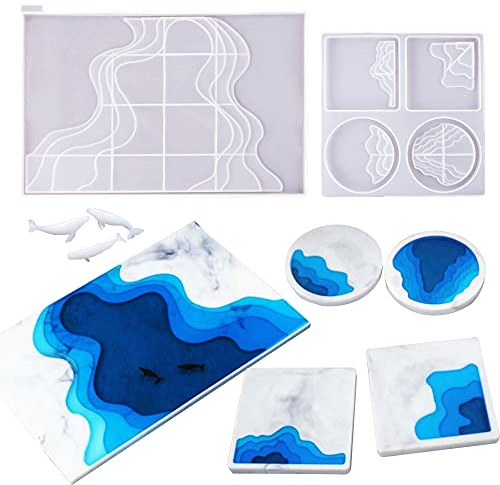 Cayway 5 Pz Moulde Silicona Resina Bandeja Grande, Moldes Resina Epoxi Portavasos Moldes de Resina de Silicona y 3D Resin Filler para Artesanía a Mano Decoración Del Hogar
