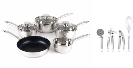 Russell Hobbs COMBO-7550A Classic Collection Pan & Utensil Set - Non-Stick Induction Stainless Steel Pans & Utensil Set, 14/16/18/20/24cm, Kitchen Tool, Can Opener, Crusher, Easy Clean, Includes Lids