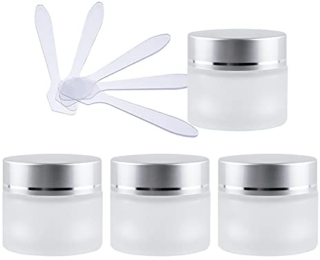 ZEOABSY 4 Stück Leere Matt Transparent Glas Cremedose 10ml mit Matt Silber Deckel, Klarglas Schraubdeckel Glas-Tiegel Schraubdose Glas-Dose Salbentiegel Kosmetik Dose für Gels Cremes + 4X Spatel