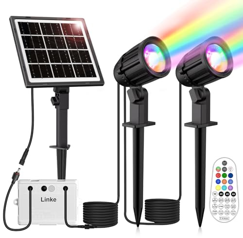 Linke Solar Spot Lights Outdoor Garden, 2 in 1 RGB Colour Changing Solar Landscape Spotlights with Remote Control, Dusk to Dawn Wall Lights IP66 for Garden Path Patio Tree Fence Statue
