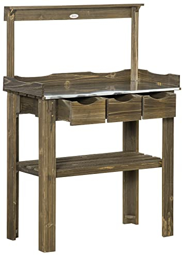 Outsunny Pflanztisch Gärtnertisch aus Holz mit 3 Schubladen Haken verzinkte Metall Arbeitsfläche für Garten Terrasse Verkohlt 78 x 38 x 112 cm