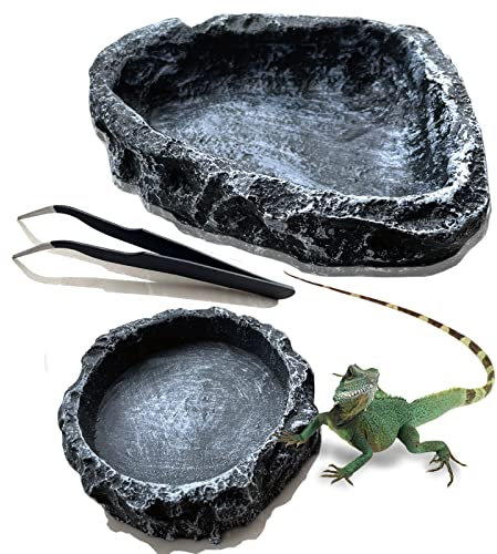 2 Stück Reptilien-Futterschalen – Reptilien-Wasser- und Futternäpfe mit Zange, imitiert natürlichen Stein, Brotwurm-Fütterung für Leoparden, Gecko, Skorpion, Chamäleon (rund + Ecke) Schüssel + Zange)