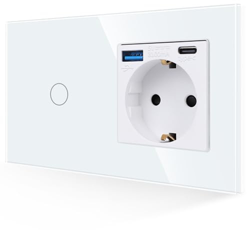 JIMEIDA USB Steckdose 20W Schnelles Laden mit Lichtschalter in Weiß, 16A Glas Steckdose Unterputz mit 1 USB Ladegerät und 1 Typ-C Port, 1-Fach 1-Poliger Touch Wandschalter mit Status-LED | Touch Glas, USB (A+C) 20W Schnellladung, 16A Steckdose, Blau LED, Feuerfest PC, VDE-geprüft, Schwarz, 86x157mm