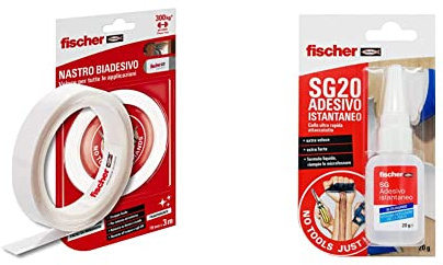 Fischer 552162 Nastro Biadesivo NTJH Trasparente, Fino a 300 kg per Rotolo, Resistente all'Acqua & Adesivo Istantaneo SG 20gr, Cianoacrilato, Super Colla Ultrarapida Attaccatutto