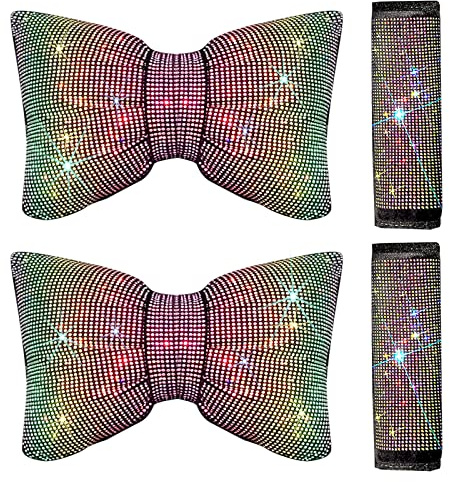 dayutech 4 Pack Set Bling Car Accessories for Women, 2pcs Bling Car Head Rest Neck Cushion Pillow Silver Crystal Bow for Driving 2pcs Diamond Seat Belt Cover Shoulder Pads (Colorful)