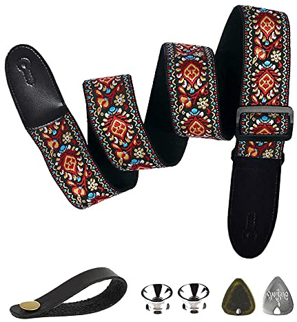 BetterJonny Gitarrengurt, Basicon Verstellbarer Gitarren-Gurt Gitarrenband Guitar Strap mit Lederenden Plektrum Knöpfe Gitarrenhals Gurt für E-Gitarre Akustikgitarre Bass