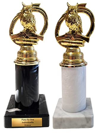 eberin · Geschenk zum Schuleintritt · Pokal für ABC Schütze · Auszeichnung zum Schulanfang · Eule auf Säule/Marmor schwarz oder weiß · Geschenk personalisierbar mit Wunschtext ·