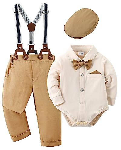 Amisssz Baby Jungen Gentleman Anzug, 4tlg Kinder Hochzeit Festlich Taufe Strampler mit Bowtie Hemden + Hosenträger Overalls Beige 12-18 Monate