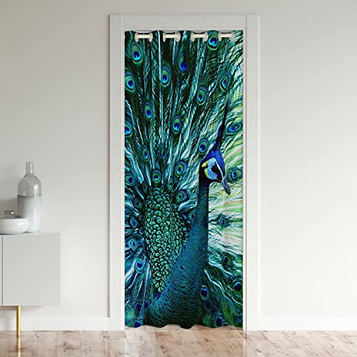 Loussiesd Peacock Door Curtain for Doorway Privacy 86x203cm Animal Theme Closet Door Cover Curtain for Bedroom Peacock Feathers Design Green Blue Natural Style 30%-50% Room Darkening Blackout Curtain