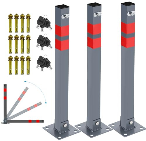 Eulenke Parkpfosten Klappbar 3er, Parkplatzsperre Quadratisch, Parkplatzsperren mit 9 Schlüssel und 6 Reflexstreifen Sperrpfosten Robust Stabil Stahl Standfuß Absperrpfosten