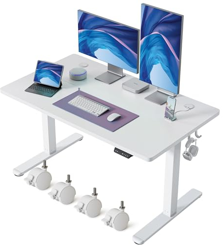 FEZIBO Schreibtisch Höhenverstellbar Elektrisch, 120 x 60 cm Stehschreibtisch mit Memory-Steuerung und Anti-Kollisions Technologie, Weißer Rahmen/Weiße Tischplatte