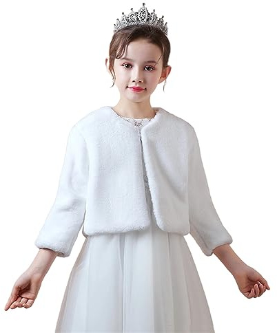 BESTORI Mädchen Bolero Jäckchen Kunstpelz Langarm Winter Mantel Blumenmädchen Hochzeits Jäckchen Weiß, 13-14 Jahre