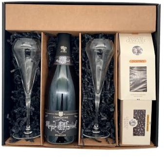 Coffret Cadeau noir - Champagne Marquis de Pomereuil -1 Brut - Cacaotines (1x150g) et Raisins au sauternes (1x100g) MAISON GUINGUET – 2 flûtes CHEF SOMMELIER