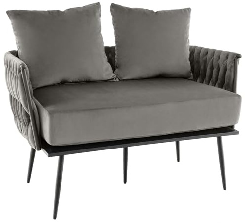 Giantex Loveseat Sofa, Upholstered 2 Seat Sofa Couch with Dutch Velvet, Woven Back and Arms, 2 Pillows, Removable Padded Cushion, 5 Solid Metal Legs, for Living Room Apartment Reception Room (Gray)