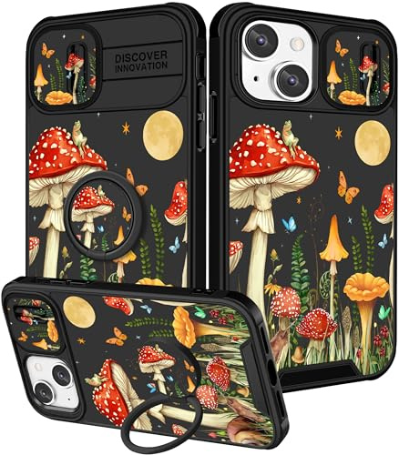 Pegmode (2in1 for iPhone 13 Case/for iPhone 14 Case for Women Cute Skull Skeleton Girls Phone Cases Goth Scary Moon Fun Fashion Design with Camera Cover+Ring Holder for Apple 13/Apple 14 Cover 6.1''