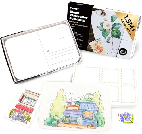 Funto tarjetas postales de papel de acuarela en blanco, 100% algodón, 28 hojas de tarjetas + 2 hojas de sellos de acuarela, 4x6, 140lb/300gsm