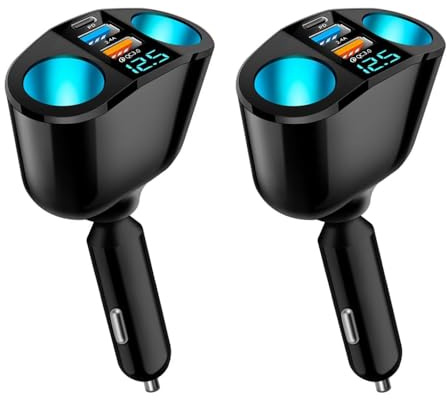 5 Port Cigarette Lighter Splitter,QC3.0&PD 20W Super Fast Car Charger with Dual Cigarette Lighter Plug with LED Voltmeter Compatible with iPhone 15 Pro iPad Dash Cam GPS (PD+QC+2.4A) 2Pcs