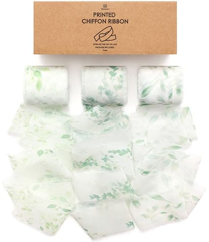 Vitalizart Light Green Chiffon Ribbon Silk Like 1 1/2 Inch White Printed Frayed Ribbon for Gift Wrapping Wedding Invitations Flower Bouquets Bridal Shower 21 Yard