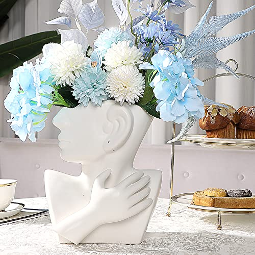 Vasen für Blumen, menschliches Gesicht, Keramikvase, Kopf-Oberkörper-Blumenvasen-Skulptur für Heimdekoration, 24,1 cm, mattweiß