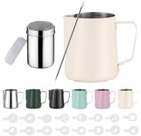 Zuquik Brocca per latte in acciaio inox, 600 ml, barista con misurazione Mark 24oz, bricco per latte con spargicacao, 16 stencil e penna per cappuccino e espresso, bianco neve