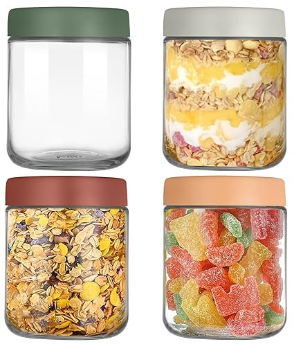 YUEYEE Overnight Oats Jar, 4 Pack 500 ml Glass Jars with Screw lids,Overnight Oats Container,Yogurt Pot for Homemade Oatmeal Salad Jam Pudding Chutney,Reusable Meal Prepare Glass Jar