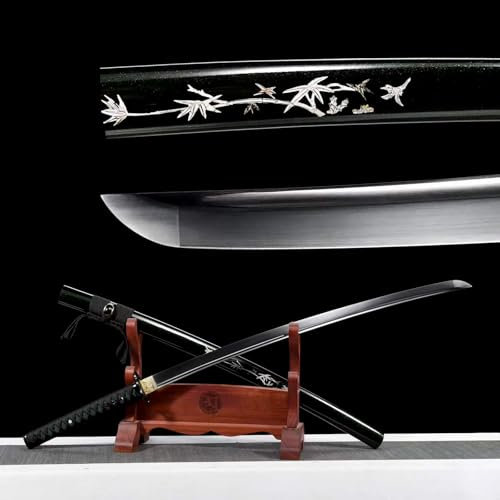 103cm handgefertigte Samurai-Schwert,Federstahl klinge mit Blutrille,Massivholzscheide mit bemaltem Muster,echtes Samurai-Schwert zum Spielen,Rollenspiel,Weihnachten,Halloween,Selbstverteidigung,Iaido