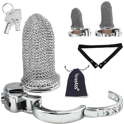 ScreaAss Edelstahl Mesh Peniskäfig Klein Großer Atmungsaktiver Keuschheitskäfig Herren Mit Verstellbarer Penisring Und Gürtel, Tragbar Metall Cock Cage Extrem Bondage Sex Toys Für Männer,Silver/l,Set