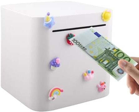 Rongxze Hucha para Adultos, 15 cm Caja de Ahorros de Acero Inoxidable Debe Romperse con Pegatinas 3D, Hucha Billetes Regalos Cumpleaños Navidad para Niños y Adultos (Blanco)