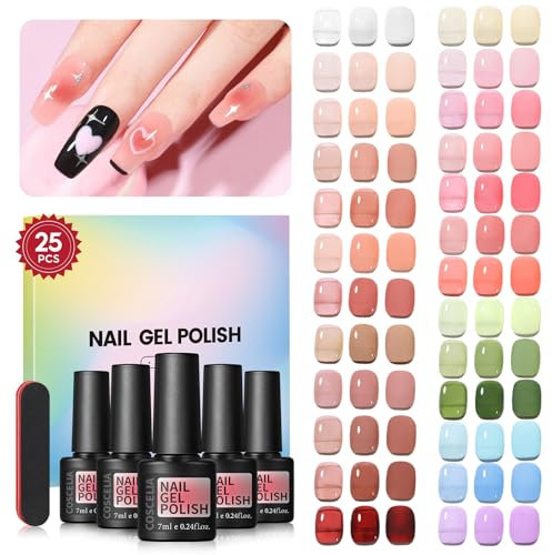 COSCELIA 25 Farben UV Nagellack Set, Jelly UV Gel Nagellack Rosa Nude Grün Blau Transparent Soak Off Jelly Nail Polish UV Gelnägel Farben French Manicure DIY zu Hause Charme für Frauen