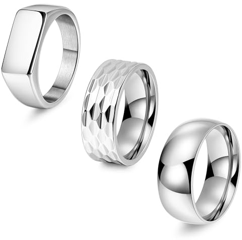 REVOLIA 3Pcs Stainless Steel Rings for Men 8MM Hammered Wedding Ring Set Square Signet Rings Pinky Silver Ring Simple Mens Band Rings Gold/Black/Silver Size 7-13 Silver-10