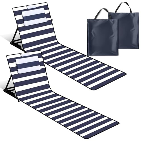 Yakimz 2er Set Strandliege Klappbar leicht, 158cm Strandmatte mit rückenlehne, Beachmatte Faltbare mit Einstellbar 5-stufige Höhe, für im Freien, Strand, Camping,Terrasse, blau-weiß gestreift