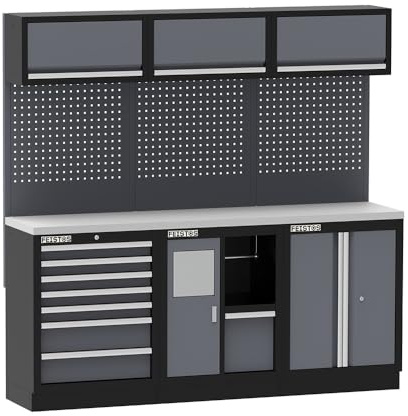 FEISTOS Werkstatteinrichtung Apollo 11E | Werkzeugschrank inkl. Lochwand & Edelstahl Arbeitsplatte | Modular erweiterbar | Anthrazit RAL7016 Schwarz RAL9005 | 204x46x200 cm